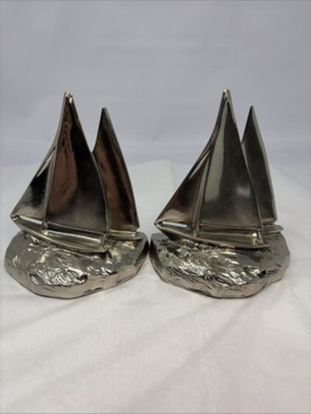 Vintage PM Craftsman Heavy sailboat bookends with a silver finish Made In USA.